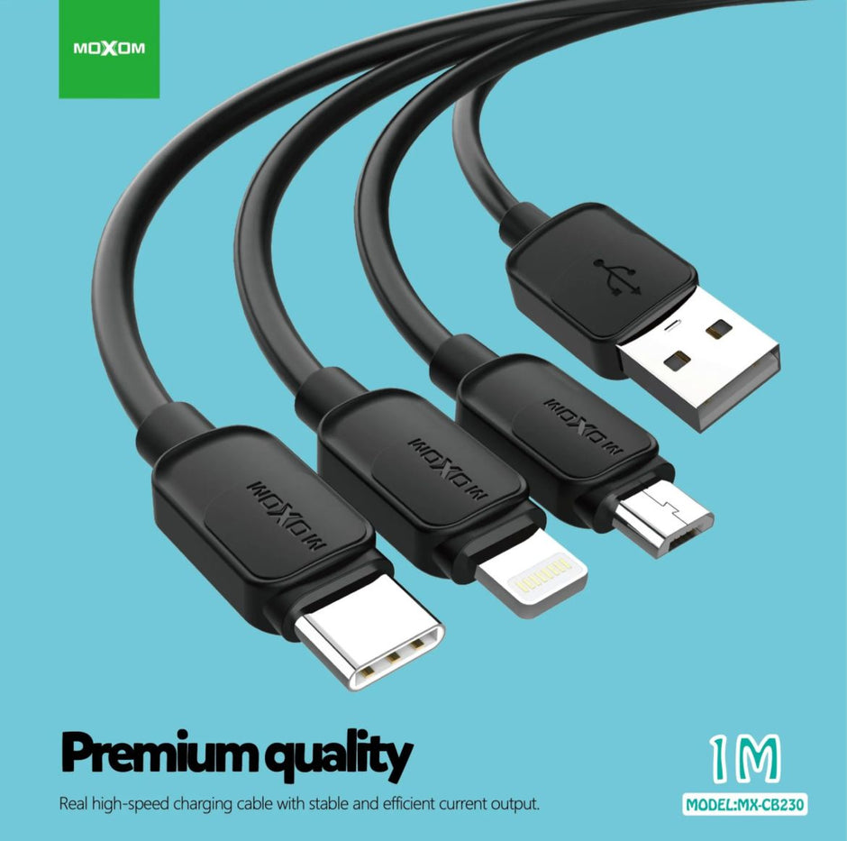 MX-CB230 1 Meter 3A PVC Data Cable 3 options  Type-C Light-ning Micro